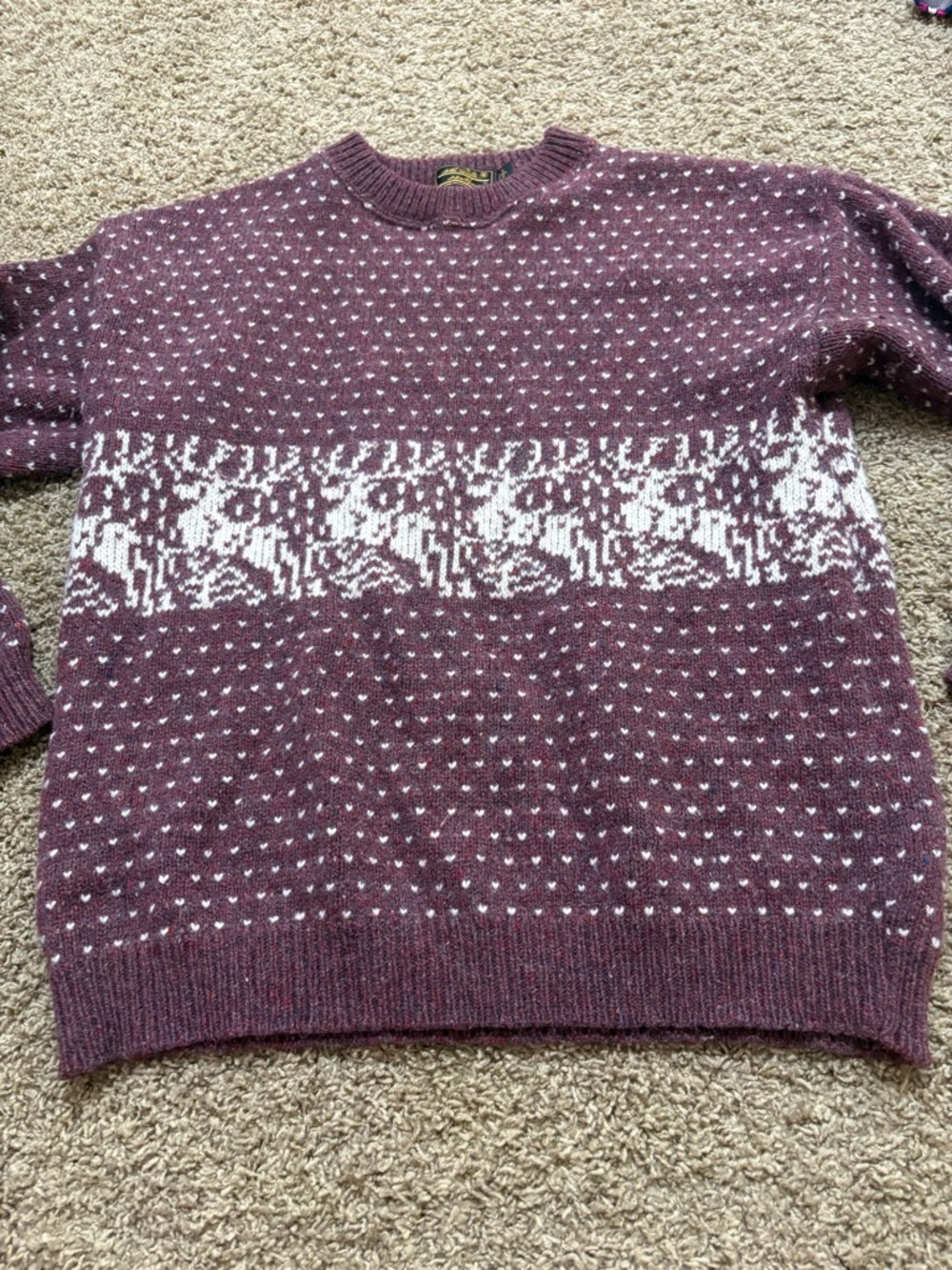 Eddie Bauer Plum Crewneck Sweater with White Reindeer Pattern